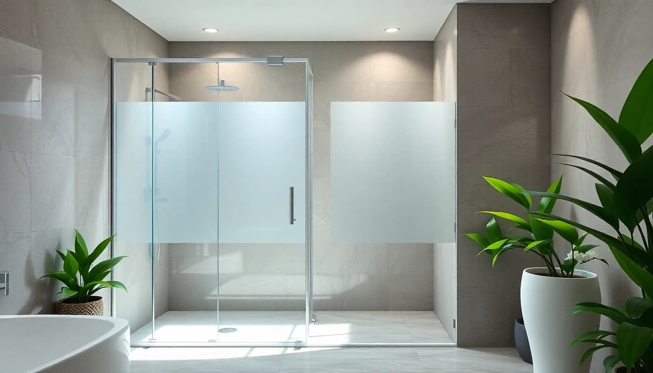 Elegant glass shower doors framing a luxurious bathroom space, featuring smooth finishes and natural light.