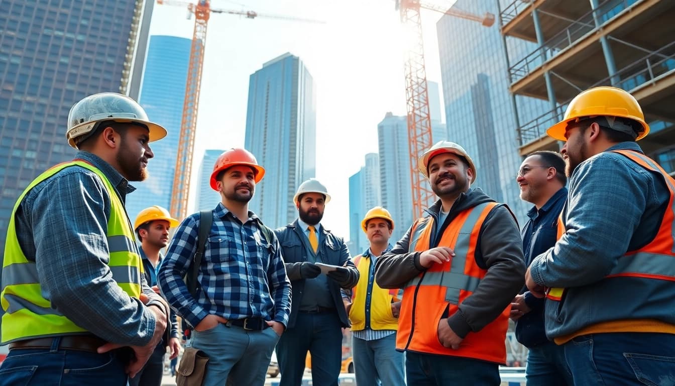 New York City Commercial General Contractor overseeing a dynamic construction site with diverse workers.
