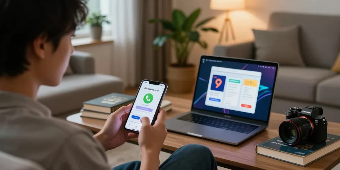 gb whatsapp download page displayed on smartphone in a cozy living room setting