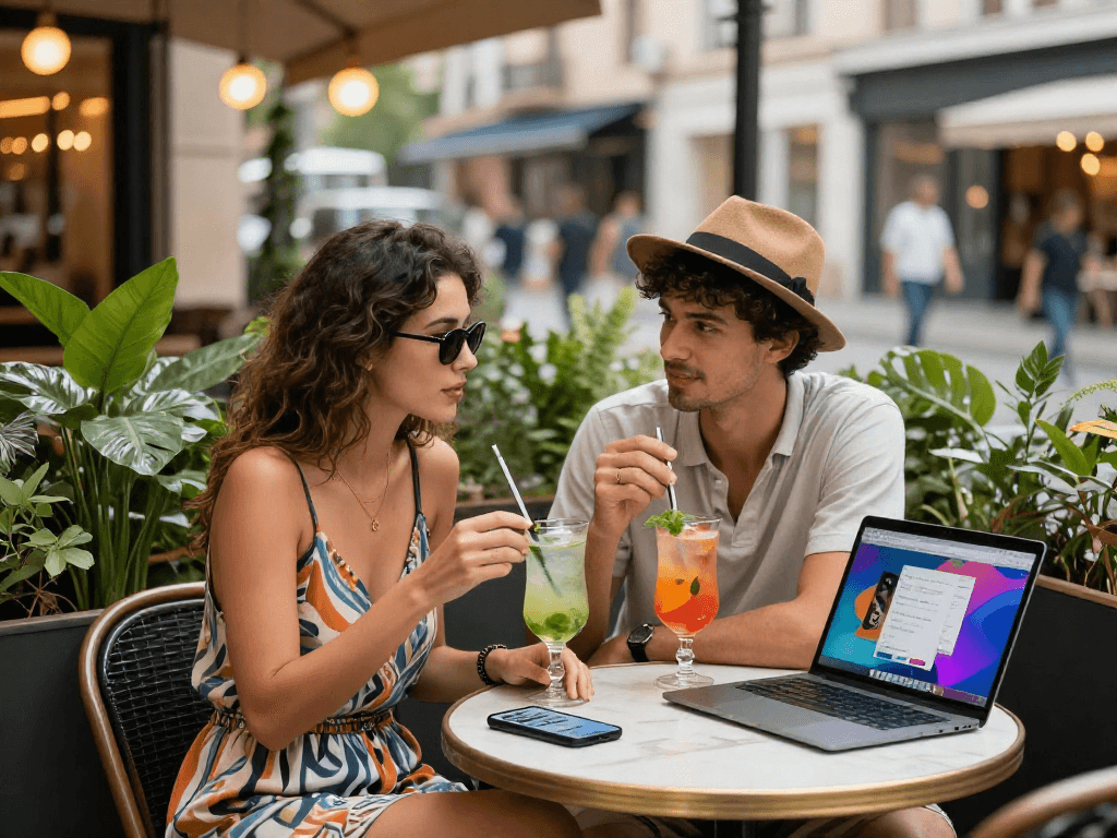 Youthful couple enjoying a vibrant lifestyle with nsfw-themed cocktails in an urban café.