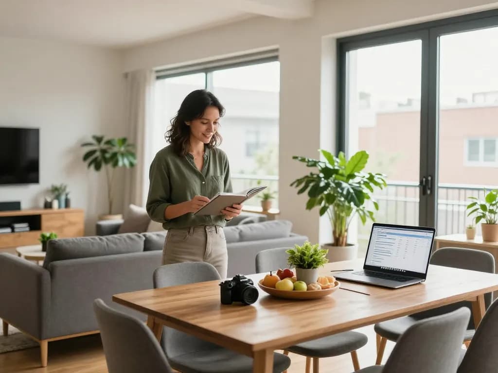 Airbnb management Melbourne host preparing a stylish apartment for guests with welcome refreshments.