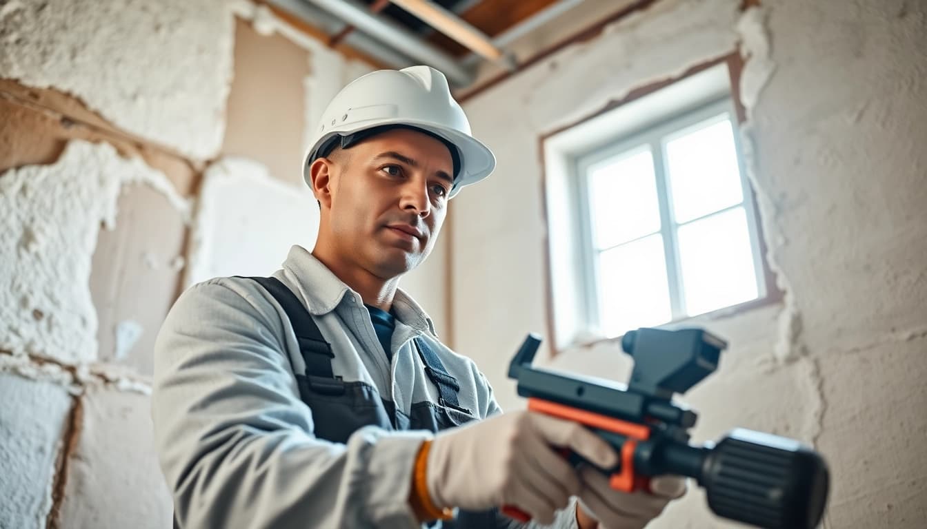 Spray foam insulation removal contractor carefully extracts foam from a wall with precision.
