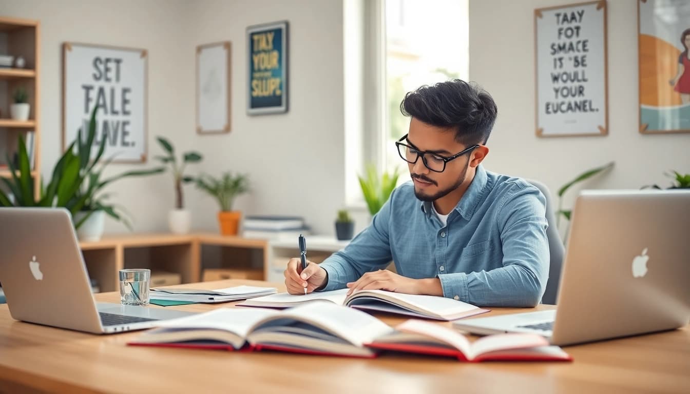 Student focused on exam preparation notes at a modern desk, enhancing study motivation.