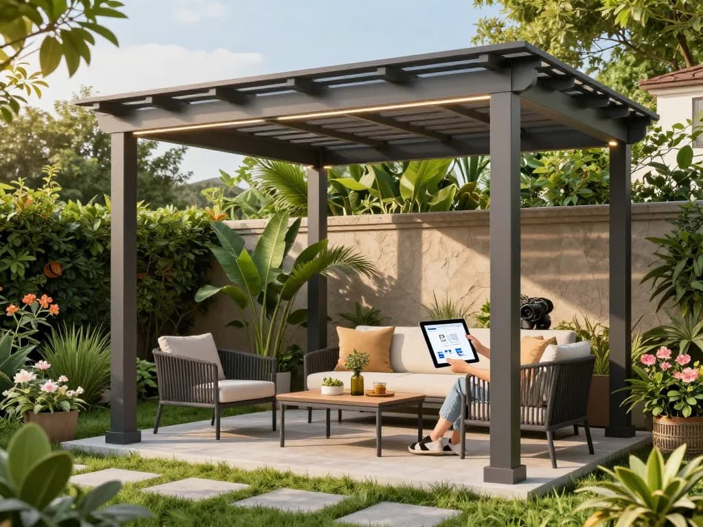 Utilisation d'un configurateur pergola avec devis sur une tablette dans un cadre extérieur élégant.