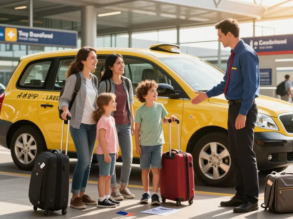 Airport taxi near leeds with a family at Leeds Bradford Airport, showing warmth and professionalism.