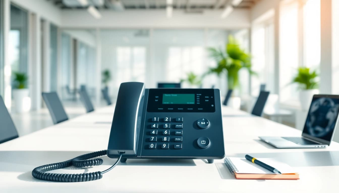 Showcasing office business phone systems in a modern office setting with sleek design.