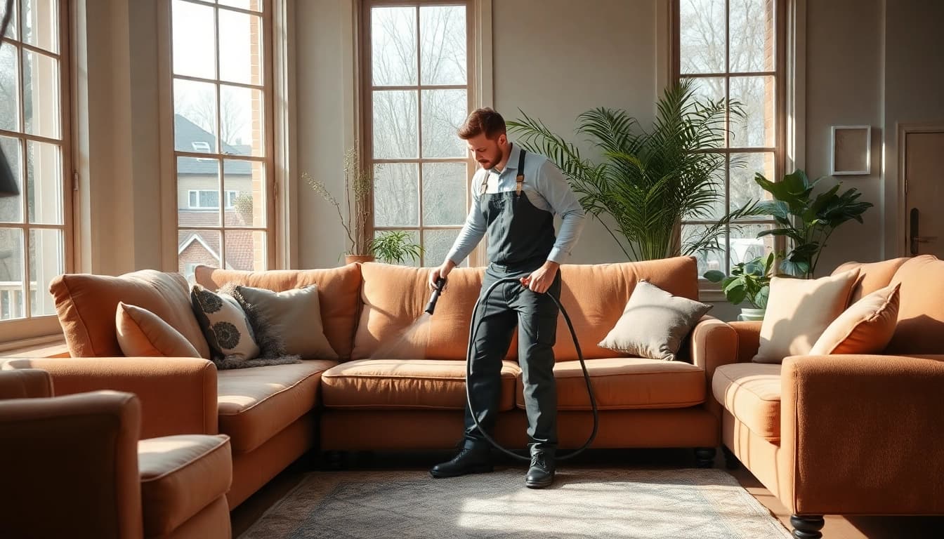 Upholstery cleaning in Glasgow with a professional technician freshening up a sofa.