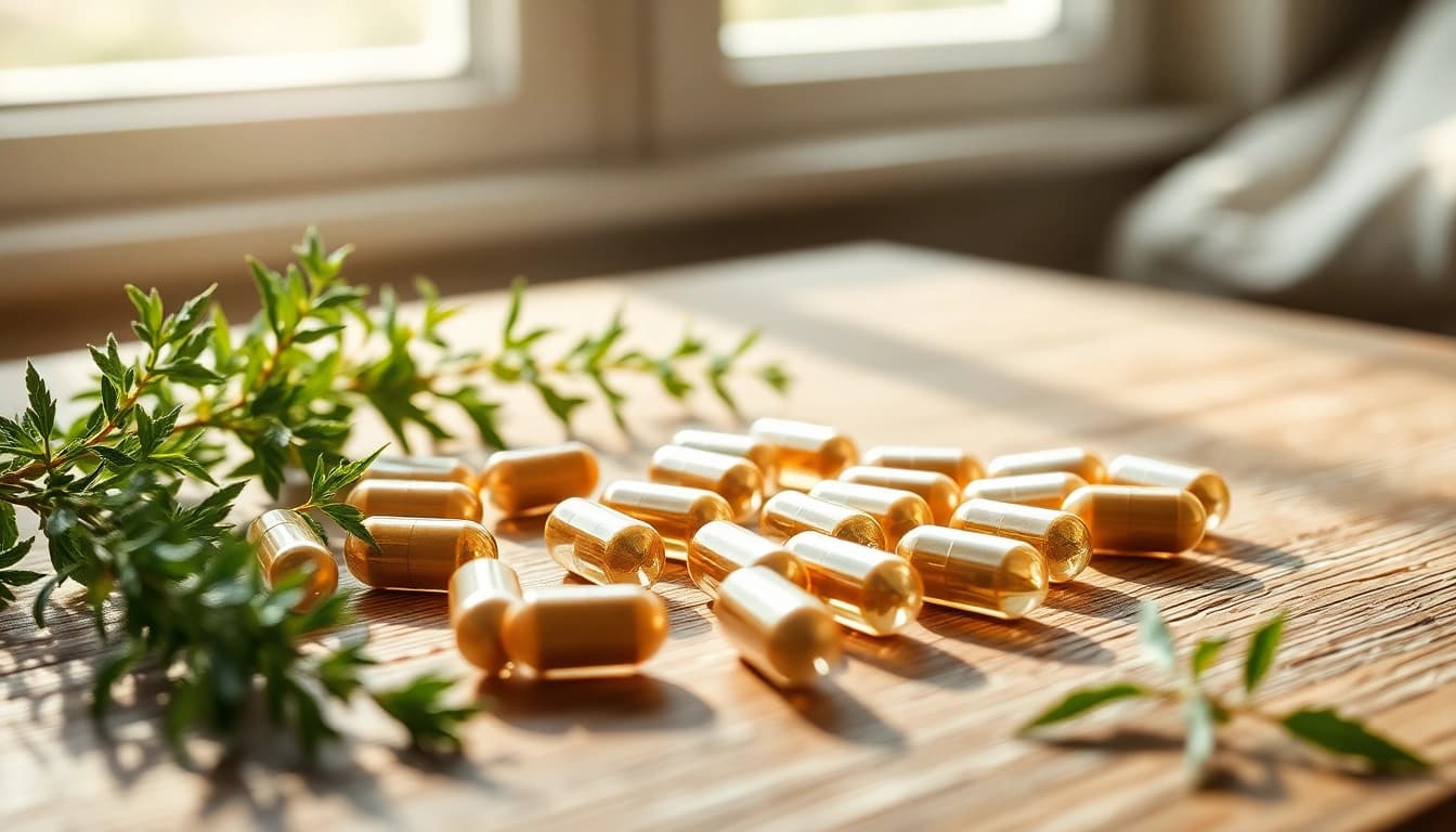Microdose Edibles Capsules Ireland & UK displayed elegantly alongside natural herbs to promote wellness.