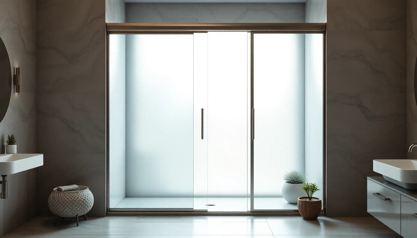 Stylish shower screen sliding door in a modern bathroom with natural lighting.