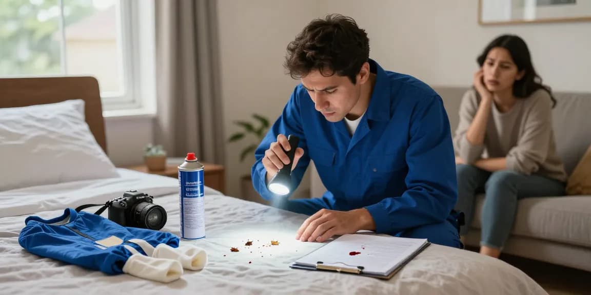 Bed bug pest control technician inspecting a bedroom for infestation signs.