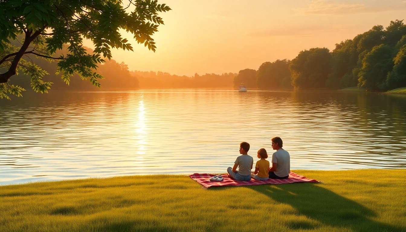 Family enjoying a picnic near the serene Sheerwater lake at sunrise showcasing natural beauty.