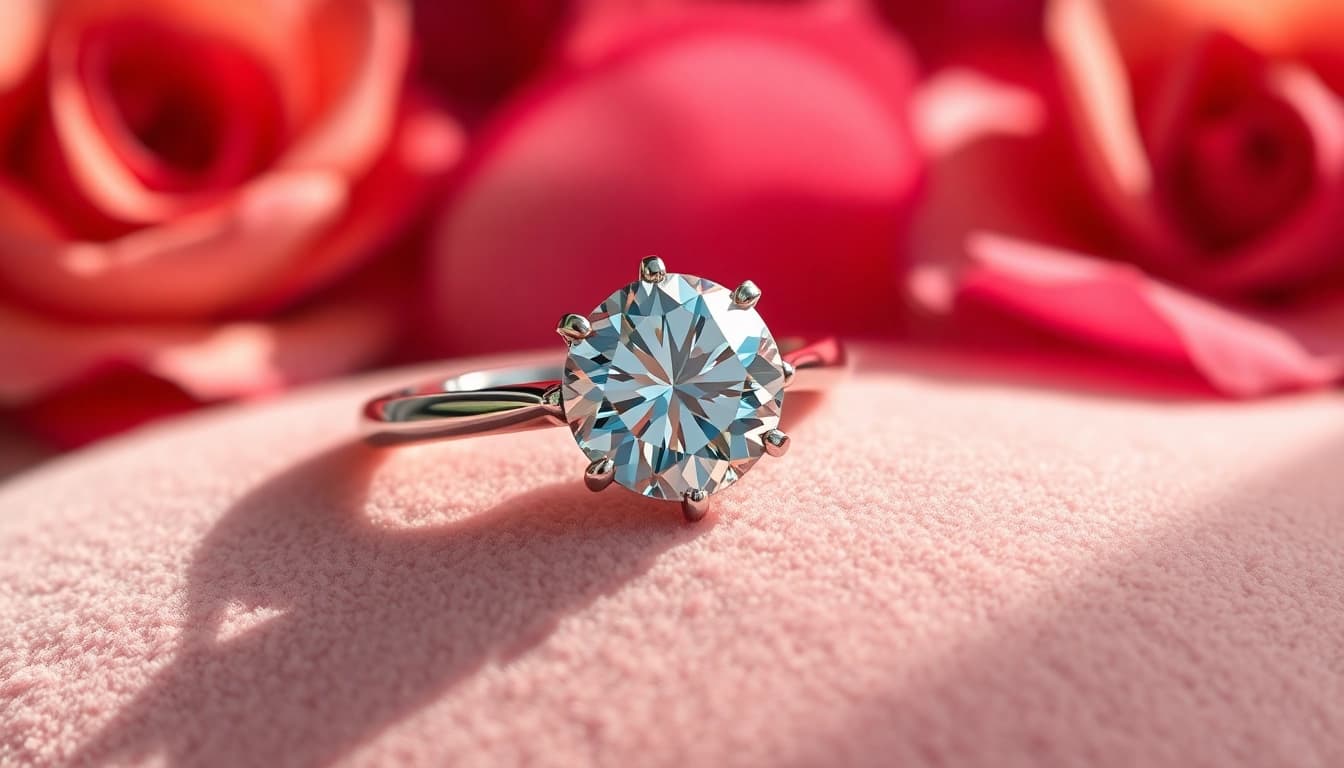 Admire the beauty of diamond engagement rings for Valentine’s Day, showcasing a brilliant ring in romantic settings.
