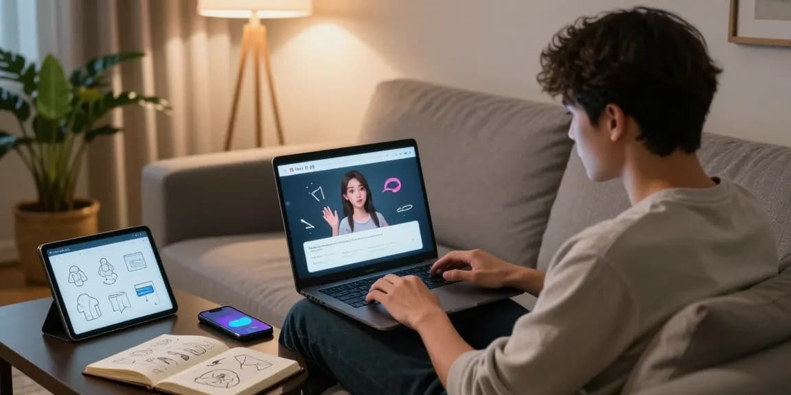 User interacting with nsfw ai platform, cozy living room scene