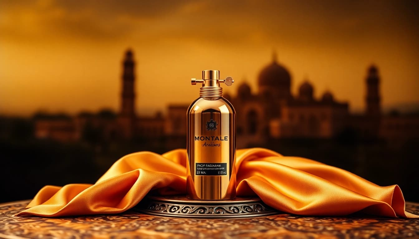 Showcase the Montale arabians tonka fragrance with an elegant bottle against a luxurious fabric.