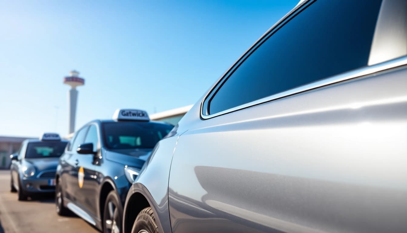 Taxi service for Gatwick Airport with modern vehicles and terminal background.