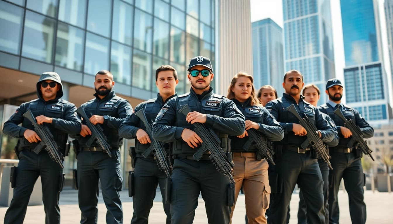 Security agency team demonstrating vigilance and professionalism outside an urban office.