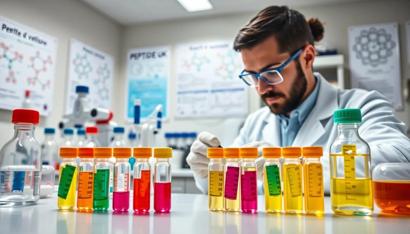Explore innovative Peptides UK synthesis in a lab setting with vibrant vials and a dedicated chemist.