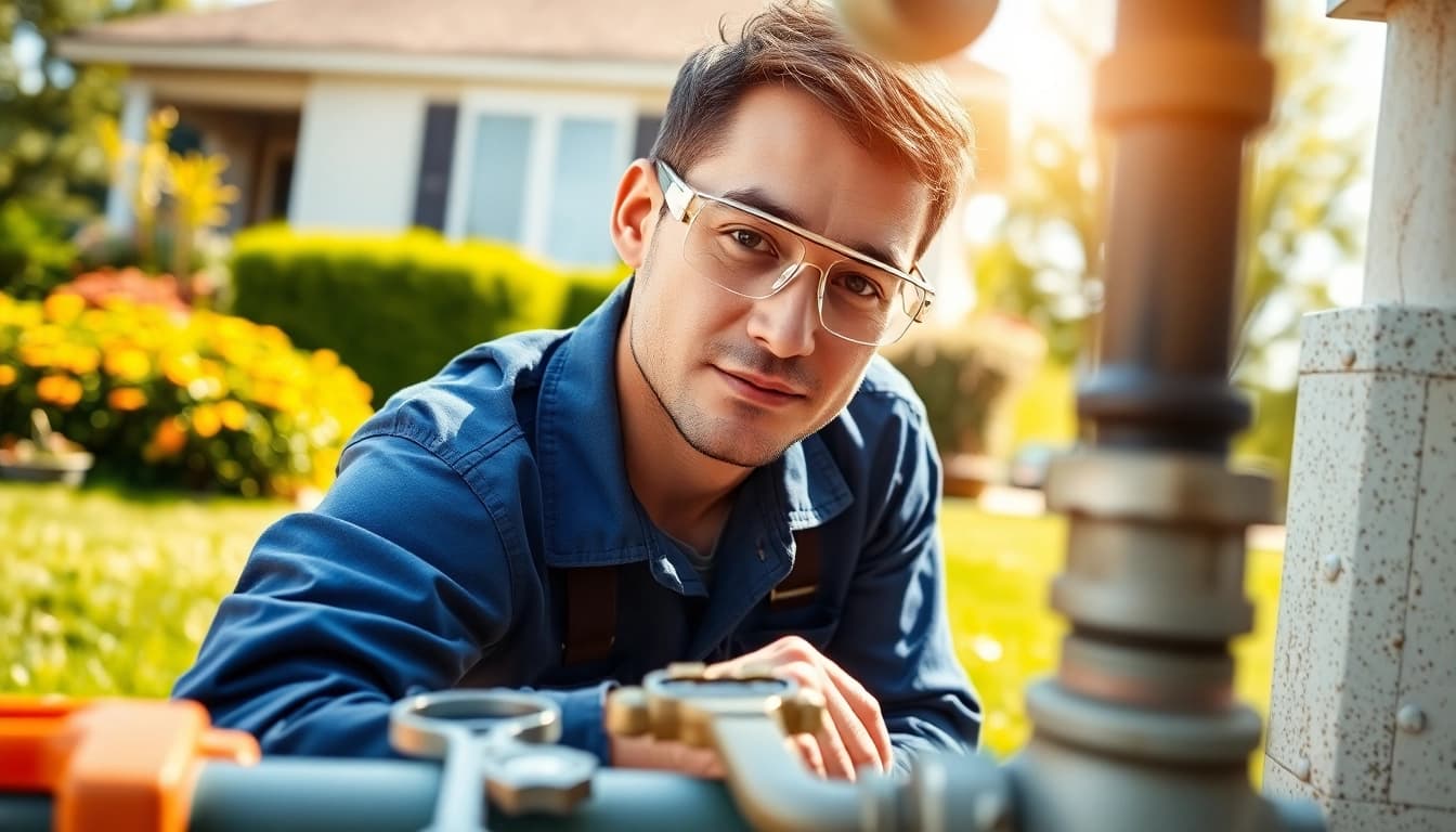 Plumber near me fixing pipes in a sunny residential setting with tools.