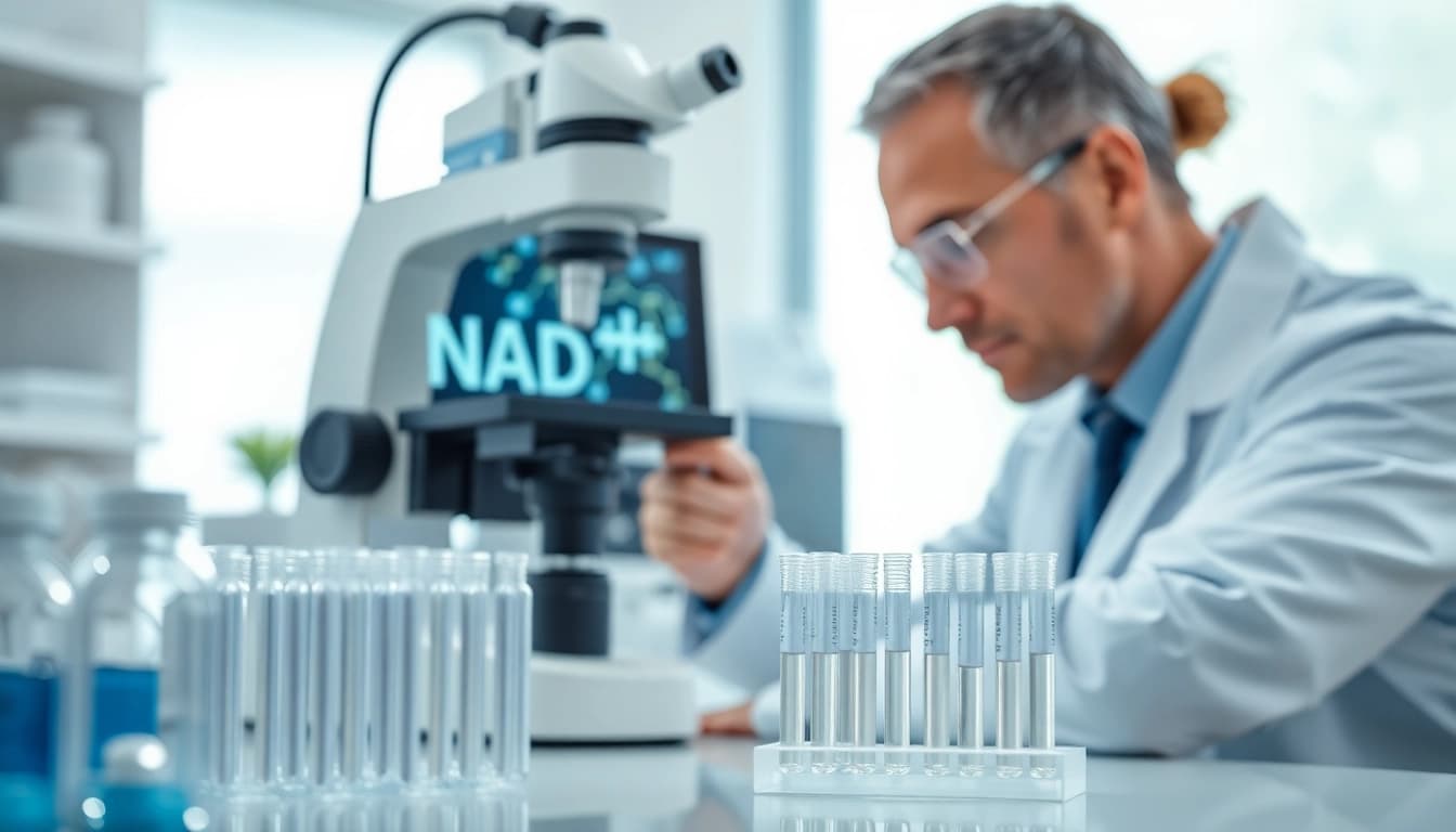 NAD+ research in a laboratory, emphasizing a scientist examining samples with laboratory equipment.