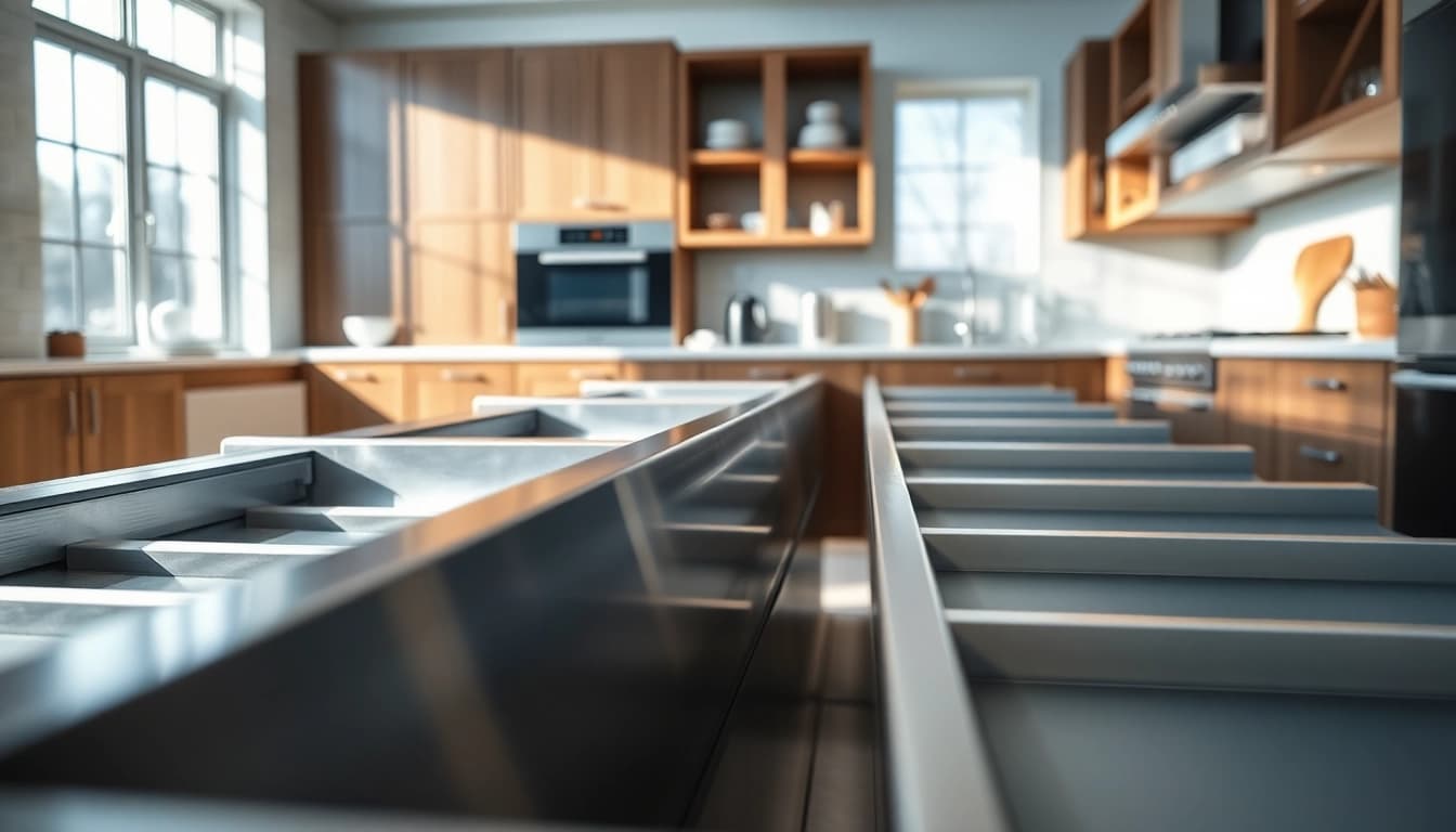 The Metal Drawer System showcases sleek design and smooth functionality in a modern kitchen.