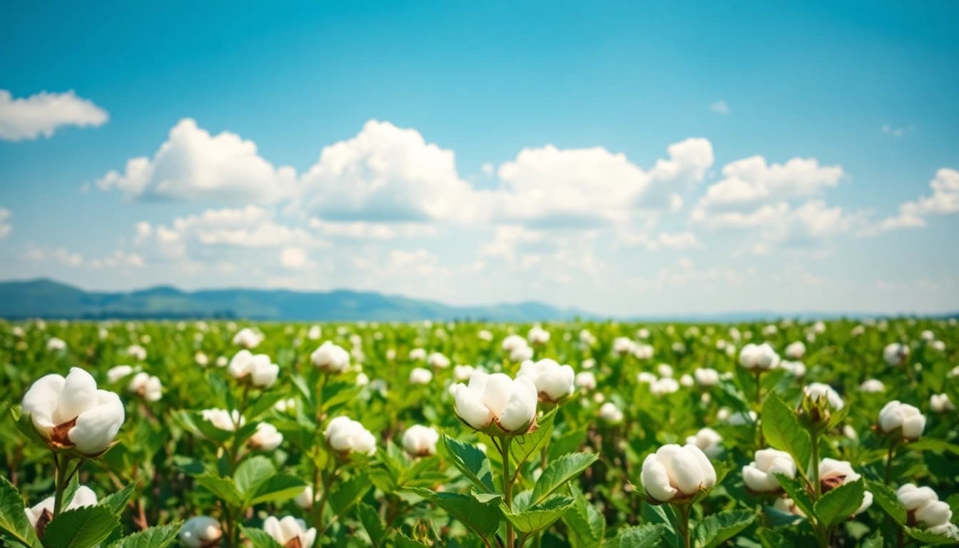 Bekijk katoenvelden in bloei met heldere luchten en groene planten.