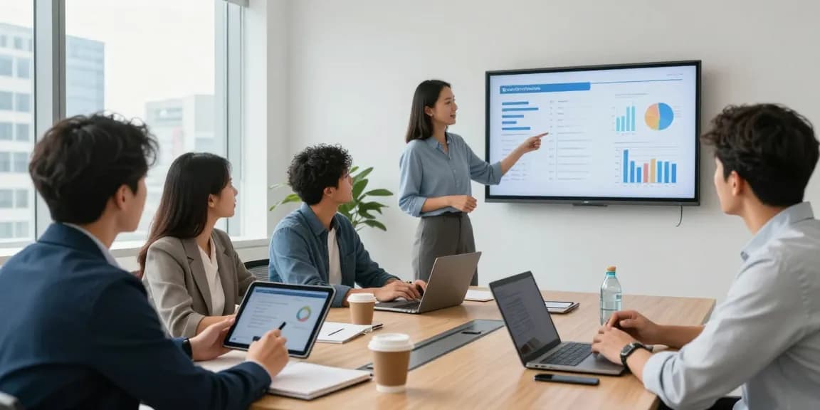 Team collaboration in a modern conference room focusing on office phone systems for business solutions.