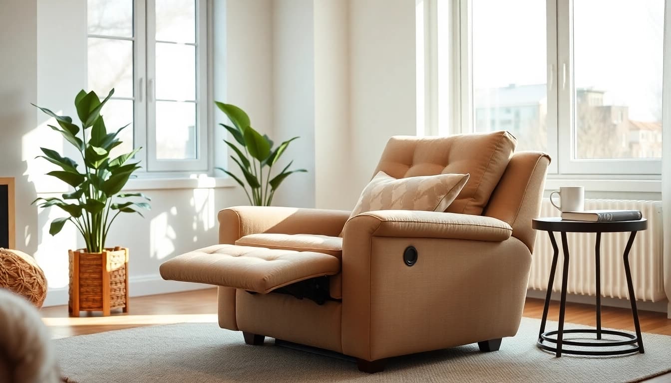 Relax in this elegant sleep chair recliner with plush cushions and warm tones.