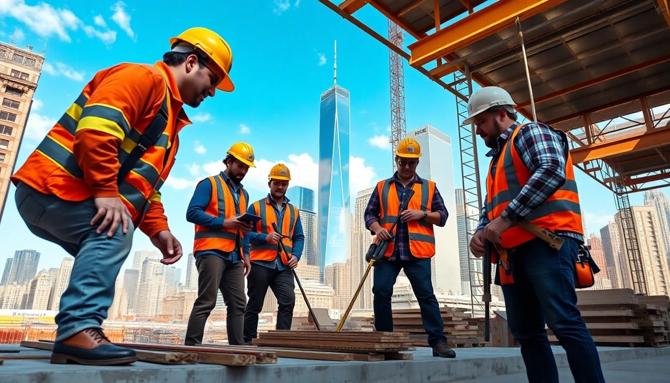 New York General Contractor overseeing a team on a construction site, showcasing teamwork and expertise.