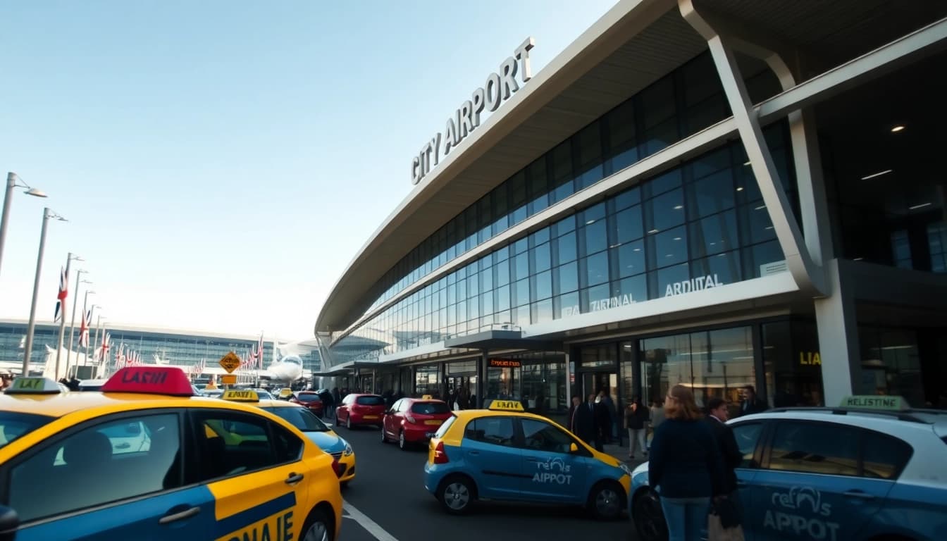 Travelers moving through London City airport, showcasing the bustling atmosphere and modern architecture.