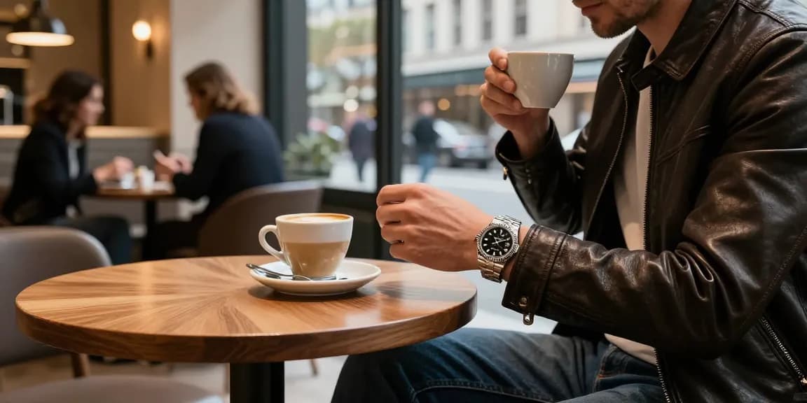 Close-up of a luxury rolex replica on a stylish individual's wrist in an upscale café, showcasing elegance and sophistication.