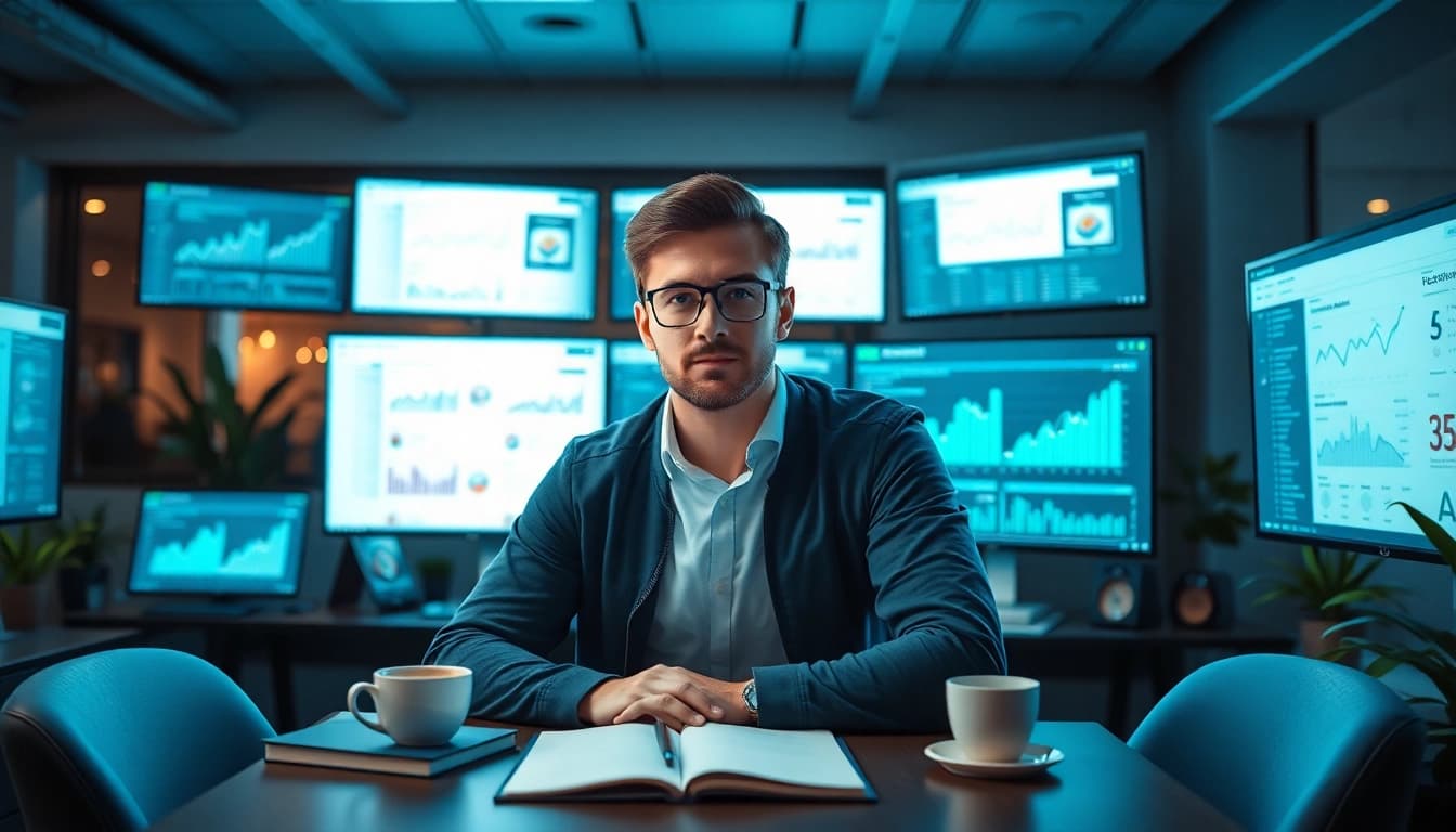 SEO Rank visualization in a modern digital workspace with analytics screens.