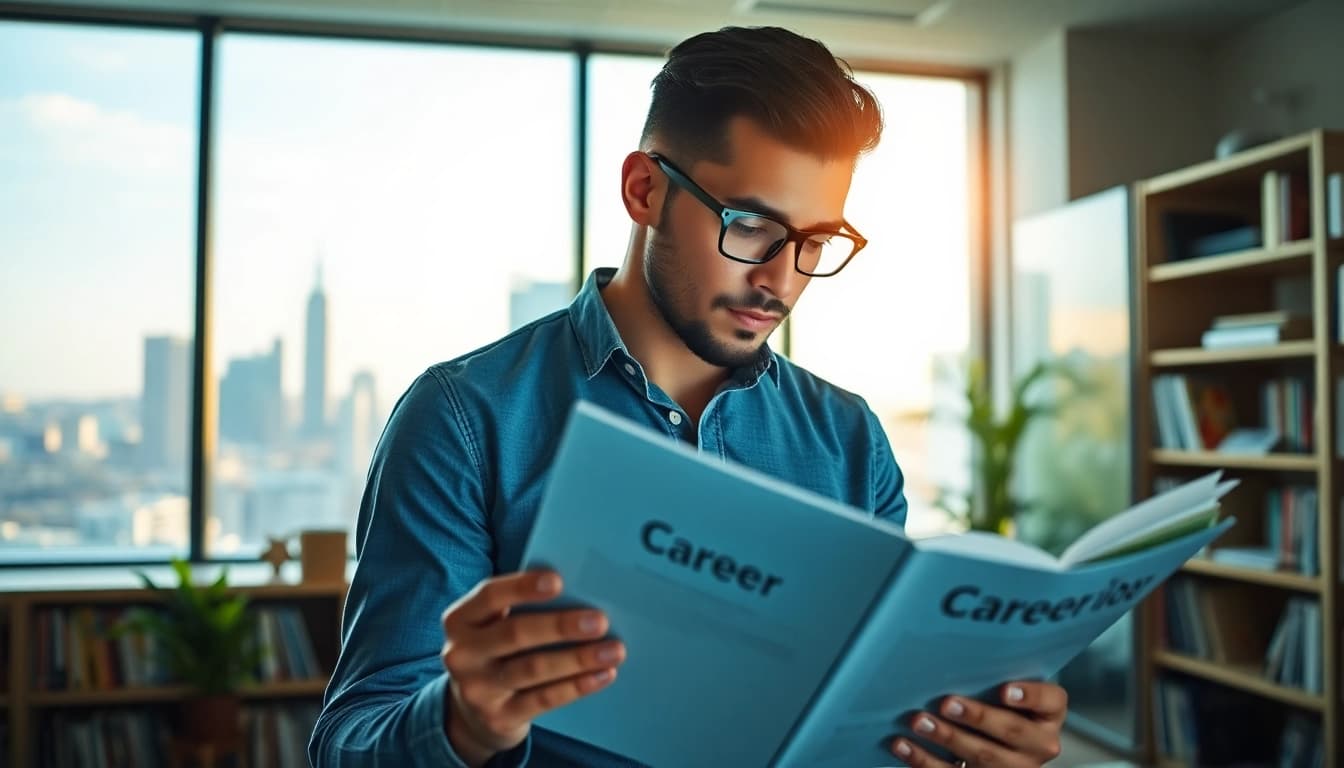 How to find my perfect career by a professional reviewing guides in an inspiring office setting.