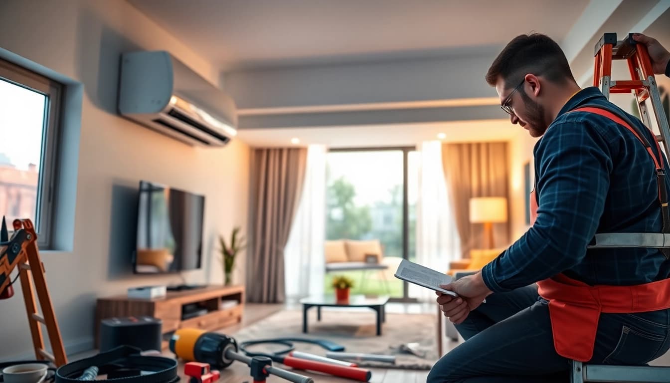 Technician installing mini split ac unit in a modern home environment, showcasing expert installation.