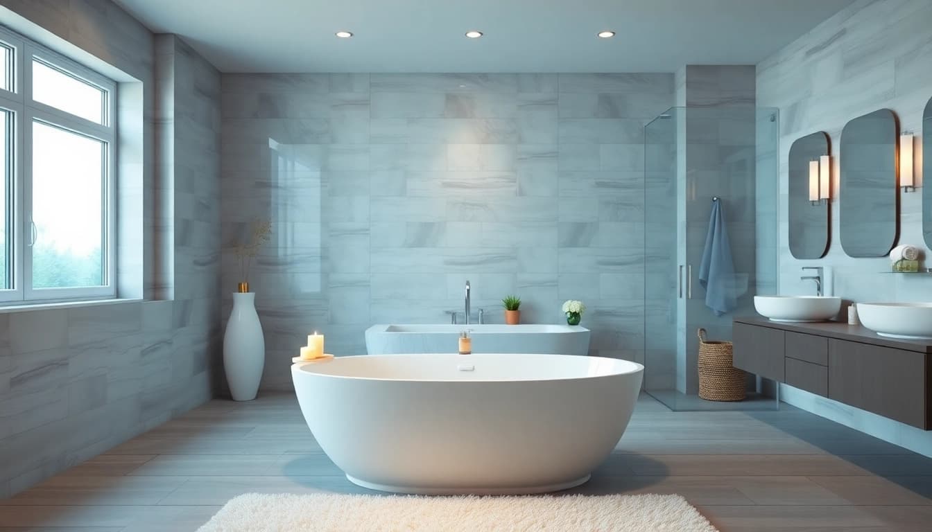 Stunning bathroom renovations manchester featuring a modern tub and elegant tile work.