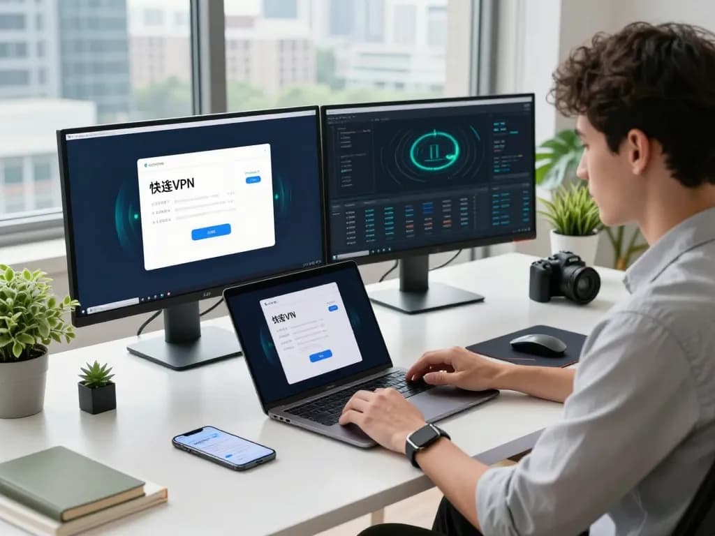 快连 VPN usage at a modern workspace, showcasing seamless internet connection and productivity tools.