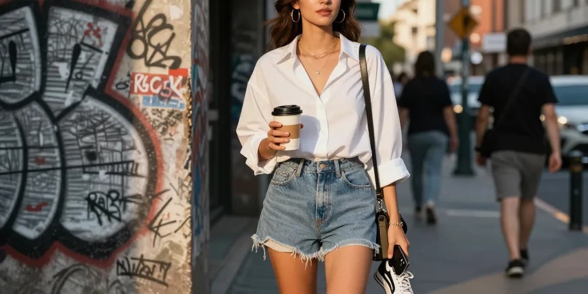 Stylish woman showcasing minimalist jewellery uk in urban setting.