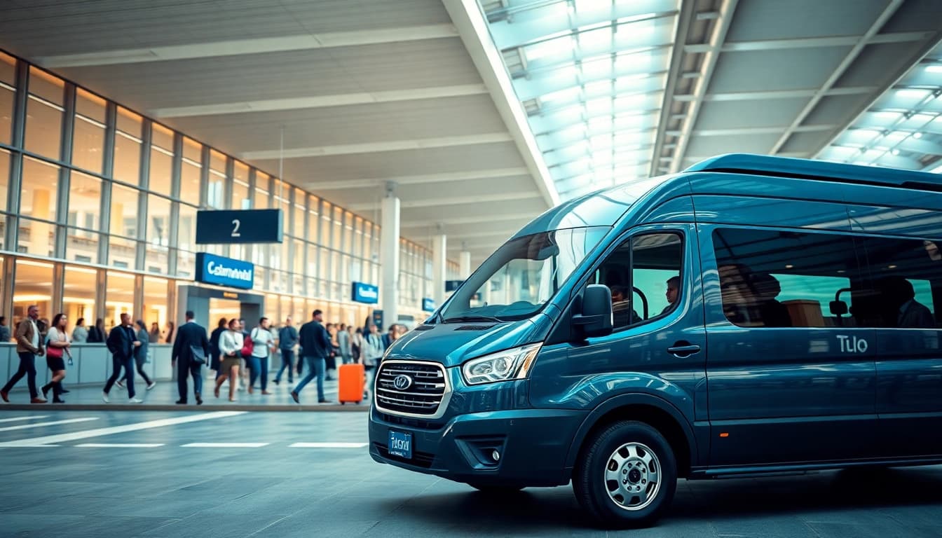 Dynamic scene of a shuttle vehicle at City airport terminal bustling with travelers.