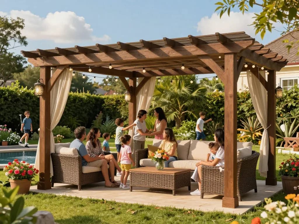 Elegant 3D pergola in garden setting with family enjoying sunny afternoon.