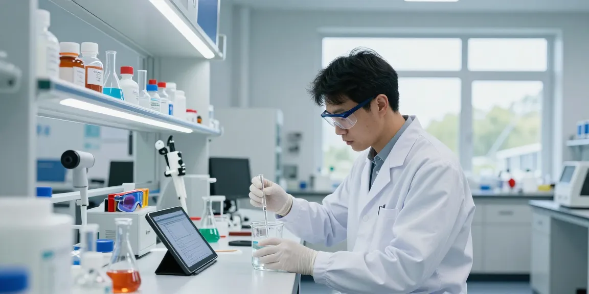 High-quality laboratory chemicals supplier mixing reagents in a modern lab setting.