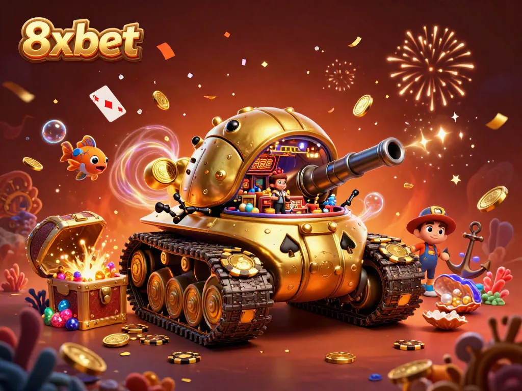 Experience vibrant gameplay action with 8xbet's colorful casino tank scene filled with gold.