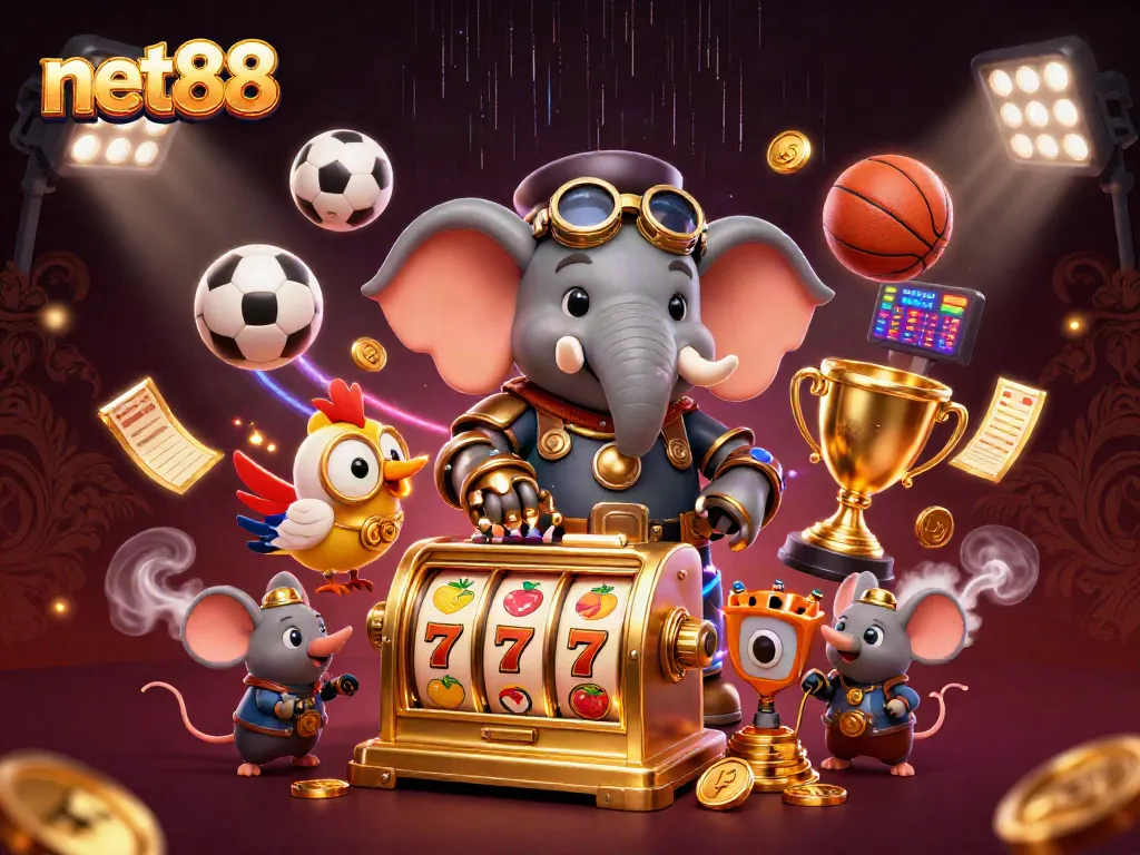 Experience the thrill of net88 with a dynamic scene of steampunk characters and casino elements.