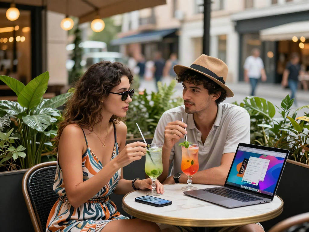 Youthful couple enjoying a vibrant lifestyle with nsfw-themed cocktails in an urban café.