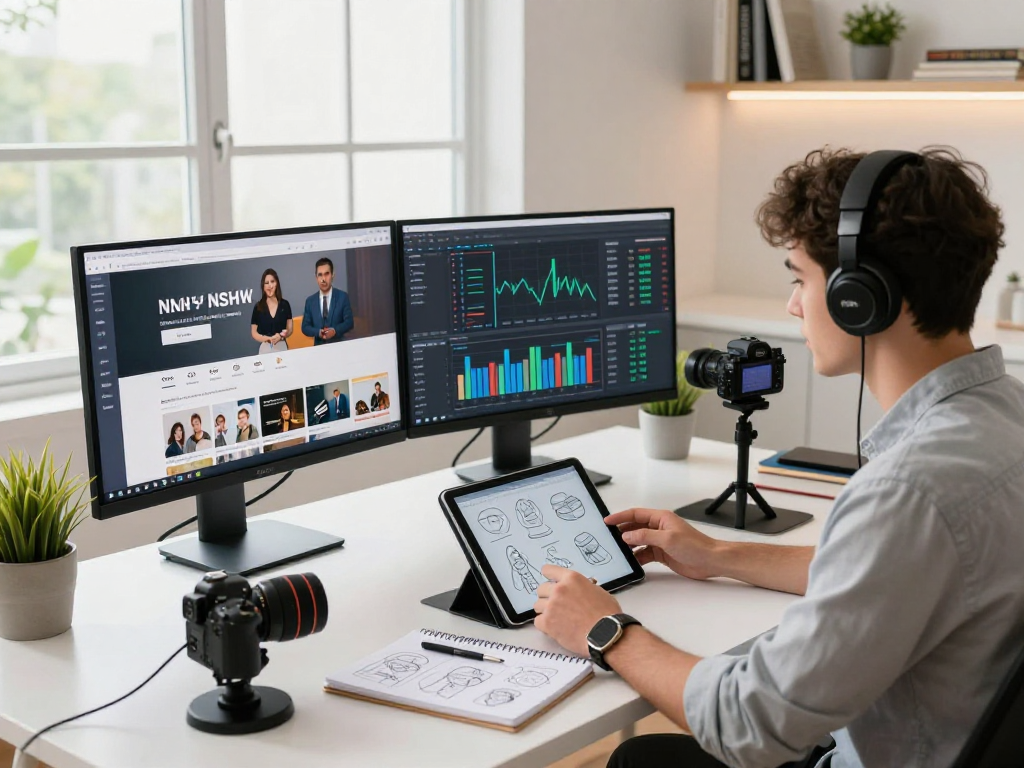 NSFW content creator engaged in vibrant digital workspace, showcasing analytics and research.