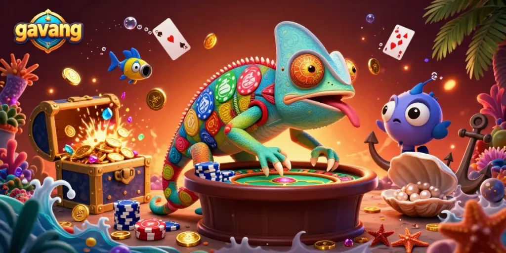 Experience thrilling gameplay at gavang with a vibrant chameleon casino owner amidst dynamic elements.