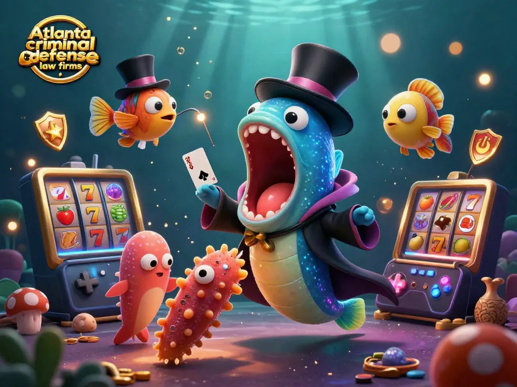 Engaging scene highlighting Atlanta criminal defense law firms through a vibrant underwater casino setting with unique sea creatures.