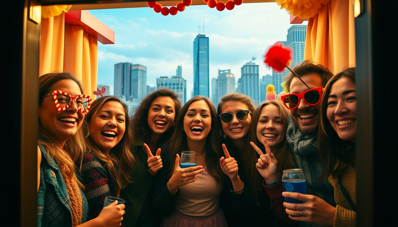 Engaging photo booth rental Chicago experience with friends enjoying fun props and city skyline.