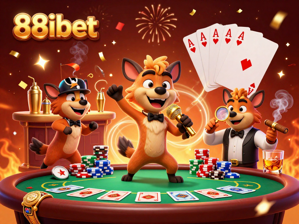 Experience the lively atmosphere of 88ibet's casino with hyenas in a fun scene surrounded by gaming elements.
