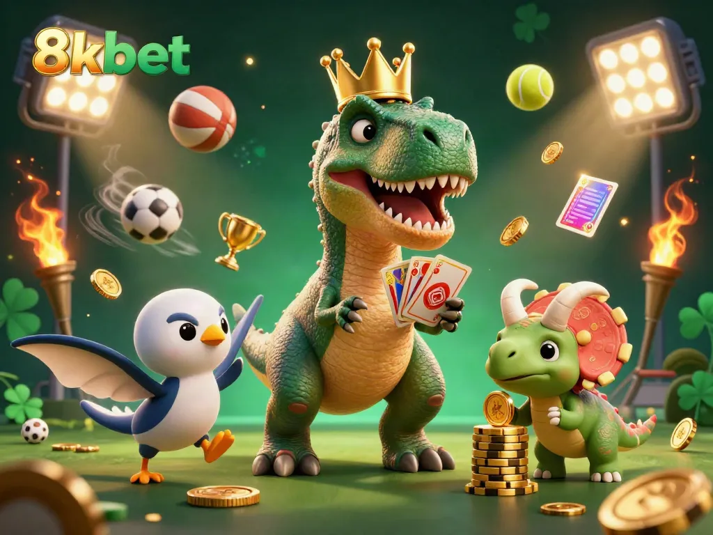 Engage with the excitement of 8xbet with a vibrant 3D casino scene featuring a T-Rex, sports elements, and dynamic action.