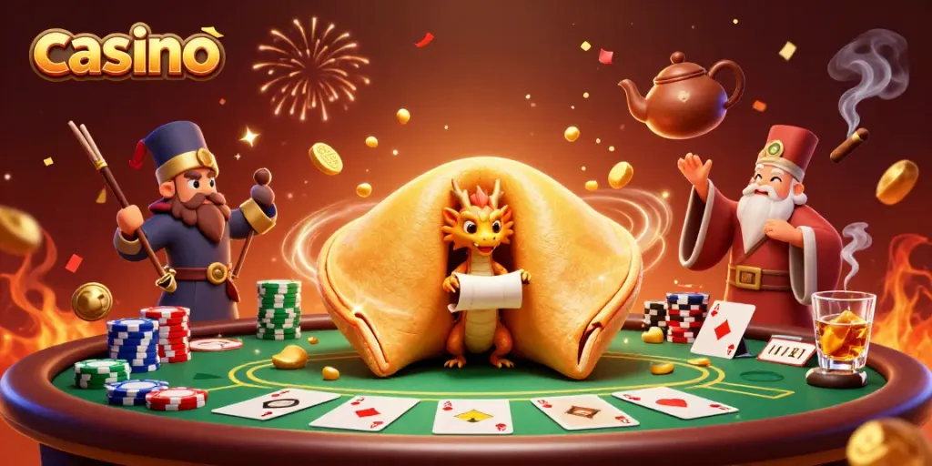 Engage in exciting casino gaming with a golden fortune cookie, poker elements, and a vibrant atmosphere.