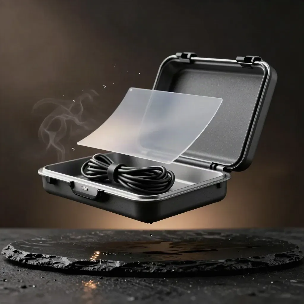 Floating graphite production kit with cable, diffusion sheet and wet slate in dramatic studio light.